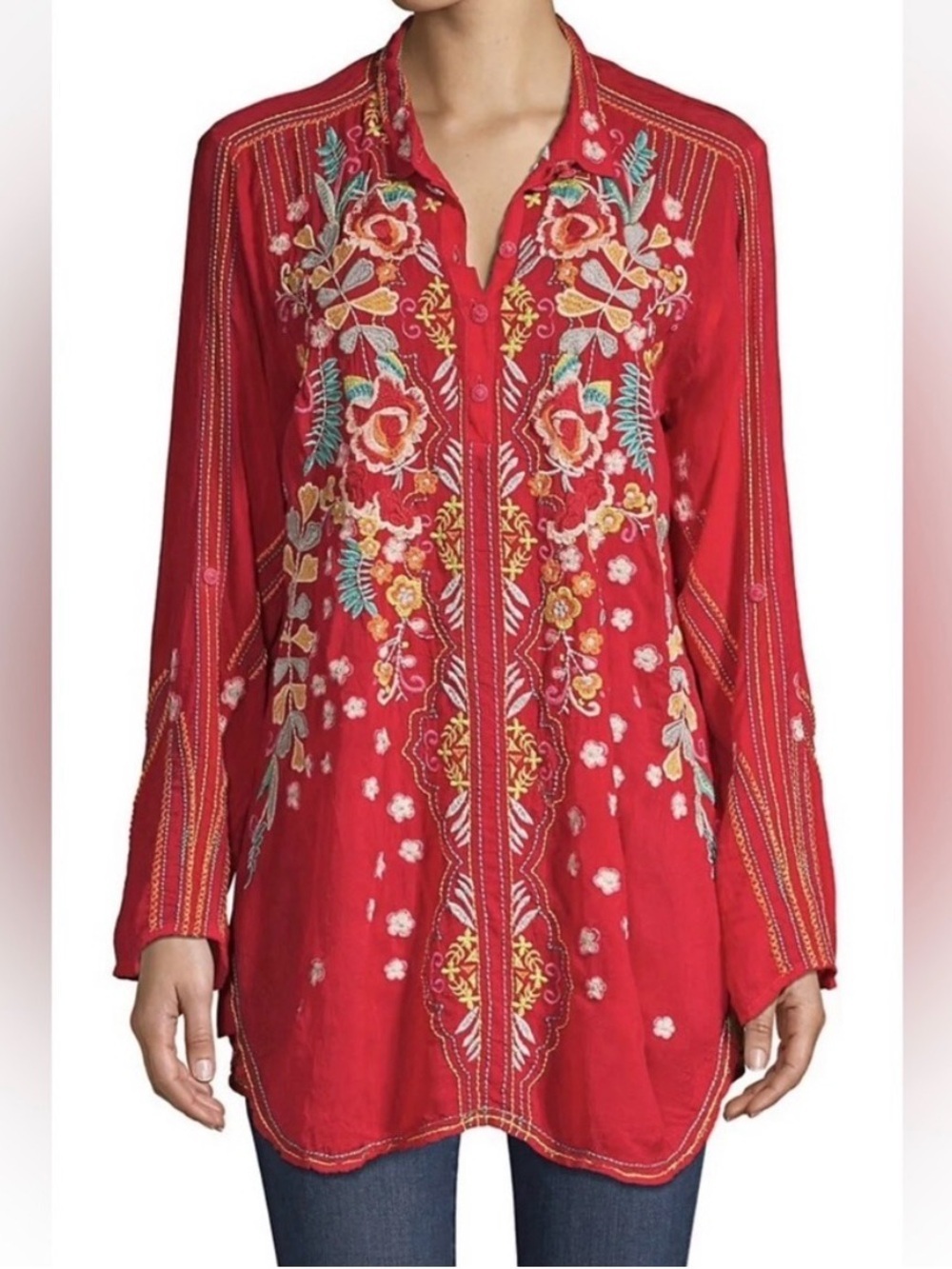 JOHNNY WAS Lyndsey embrodiered button down tunic top size small